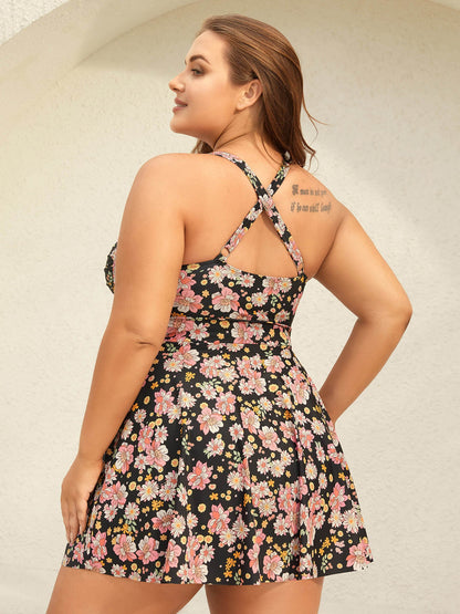 Twist Front Floral Print Pockets Swim Dress
