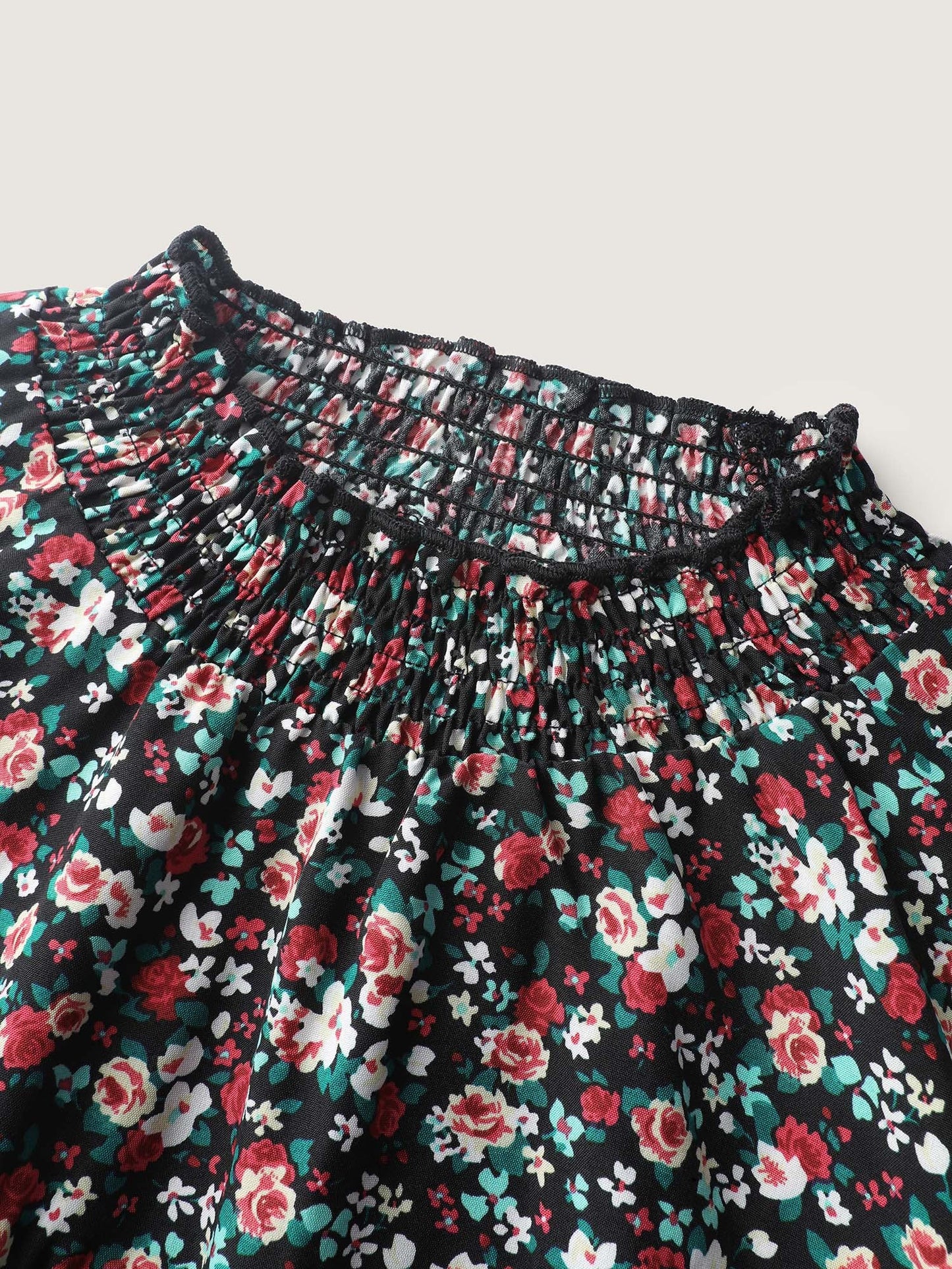 Floral Print Shirred Sleeve Tie Blouse