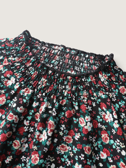 Floral Print Shirred Sleeve Tie Blouse