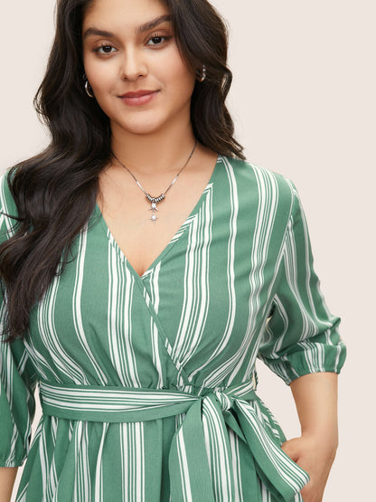 Striped Elastic Waist Belted Wrap Dress