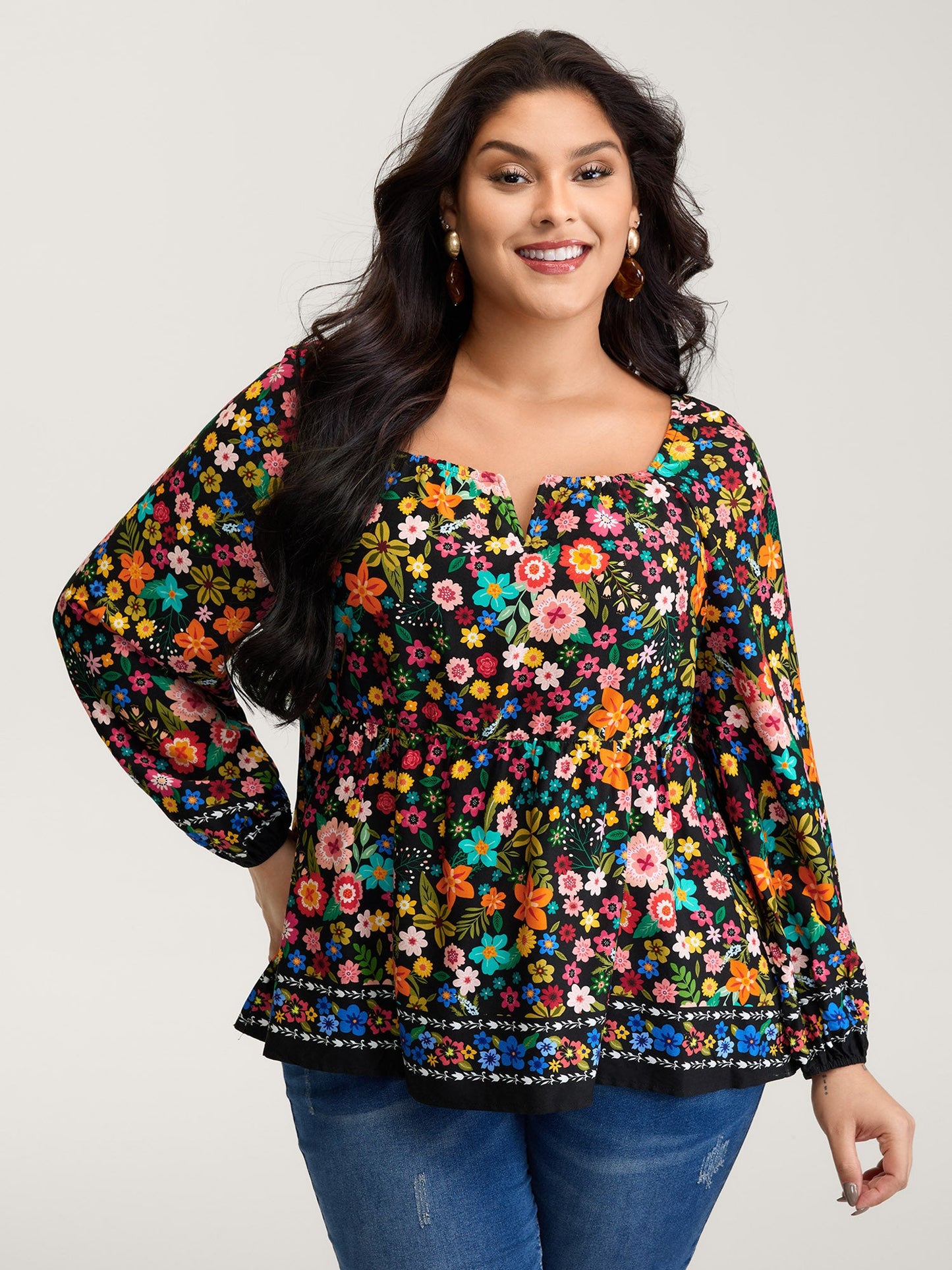 Colorful Floral Print Cinched-Flared Blouse