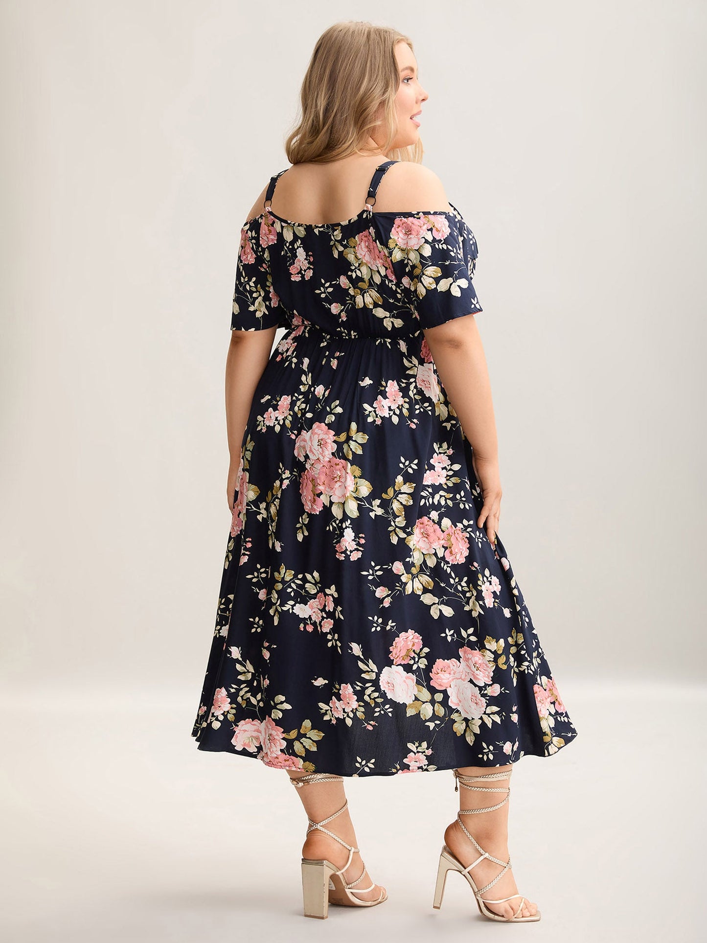 Ruffled Neck Off-Shoulder Floral Midi Dress