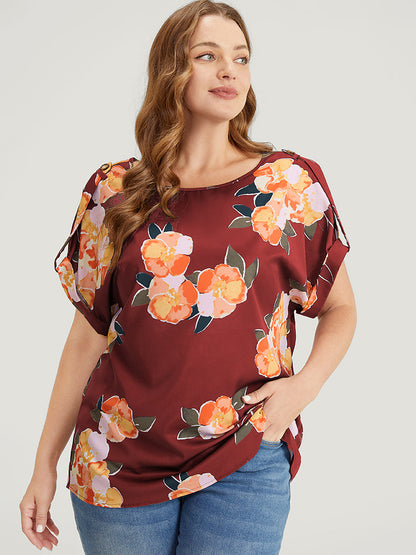 Floral Printed Roll Tab Sleeve Blouse