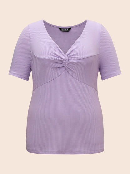 Plain Textured Rib Knit Twist Front T-shirt