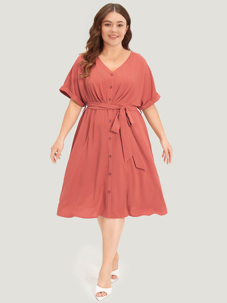 Solid Pocket Button Detail Ties Roll Sleeve Dress