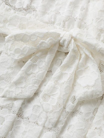 Crochet Lace Mesh Belted Midi Dress