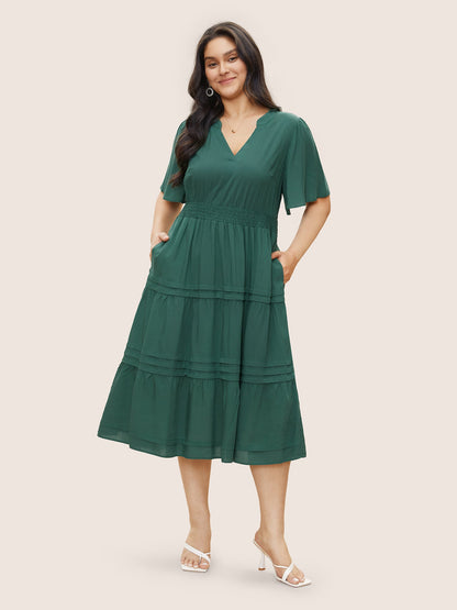 Plain Shirred Notched Pocket Pleated Dress