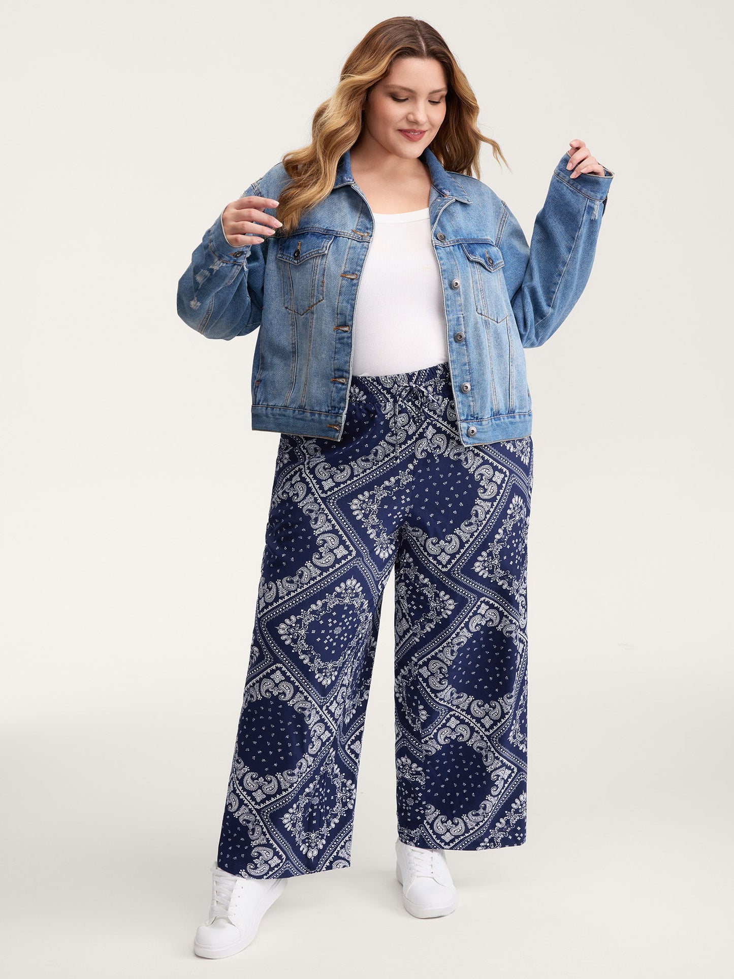 Collage Scarf Pattern Straight-Leg Pants