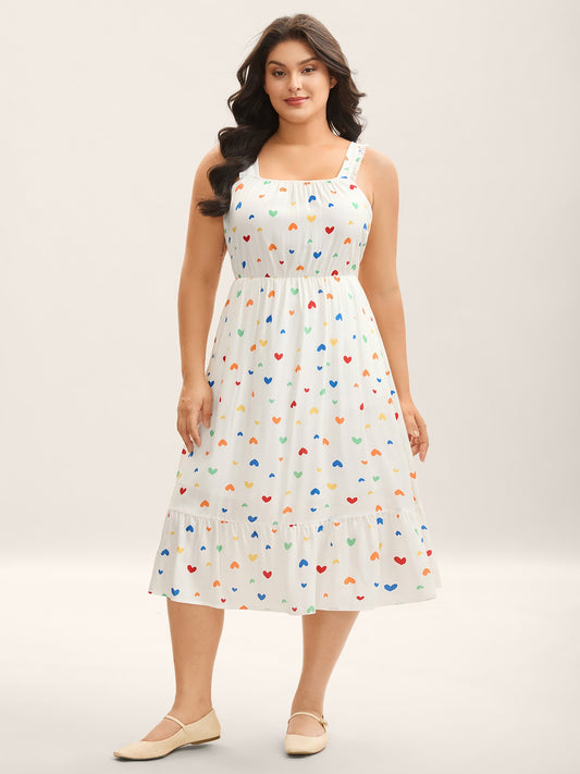 Colorful Hearts Print Pockets Midi Dress