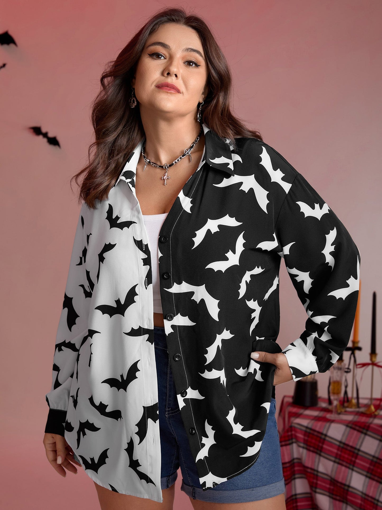 Color Block Flying Bats Button-Down Shirt