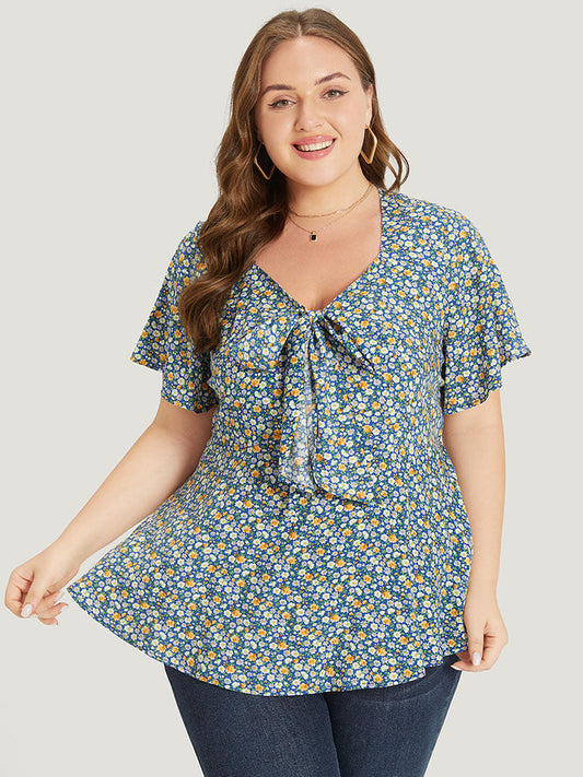 Ditsy Floral Knot V Neck Blouse