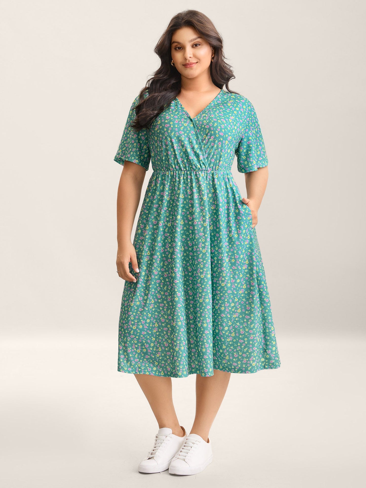Floral Print Surplice Neck Midi Dress
