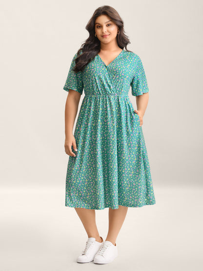 Floral Print Surplice Neck Midi Dress