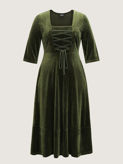 Adjustable Cross-Tie Velvet Stretchy Waist Midi Dress