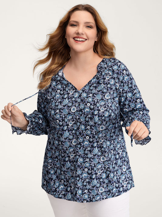 Cotton Floral Print Toothpick Pleats Blouse