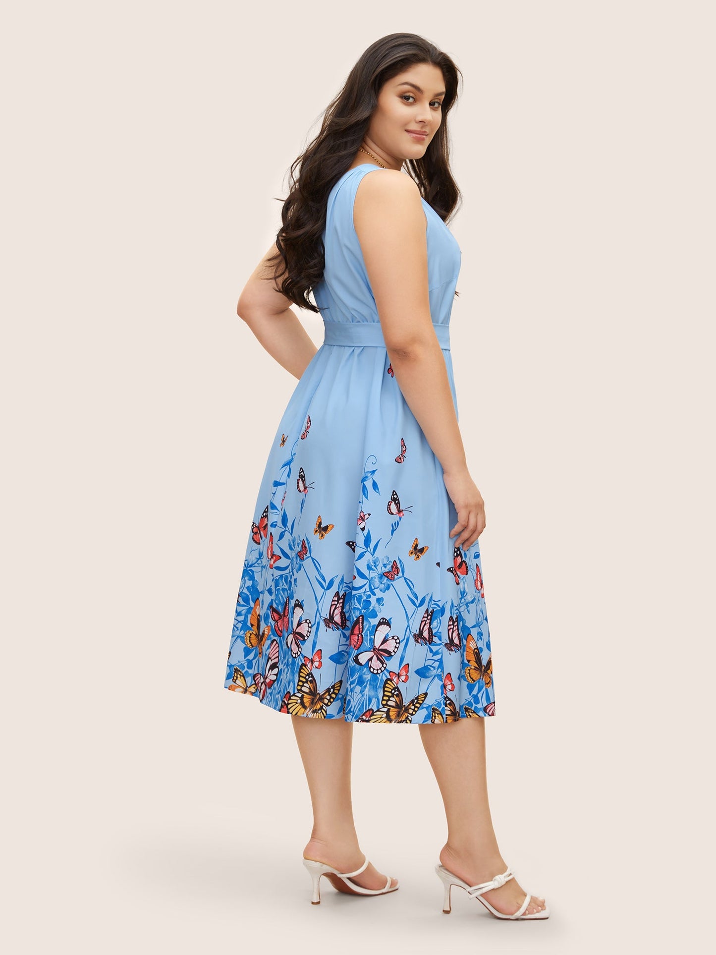 Butterfly Print Wrap Gathered Tank Dress