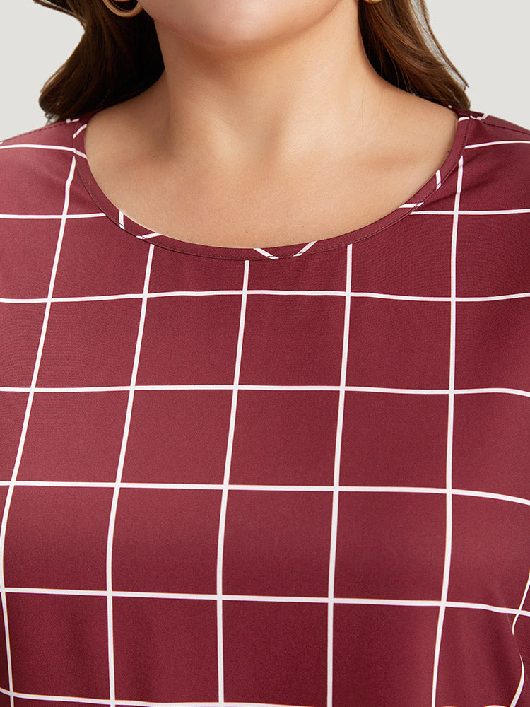 Plaid Frill Trim Bell Sleeve Flutter Hem Blouse