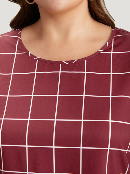 Plaid Frill Trim Bell Sleeve Flutter Hem Blouse