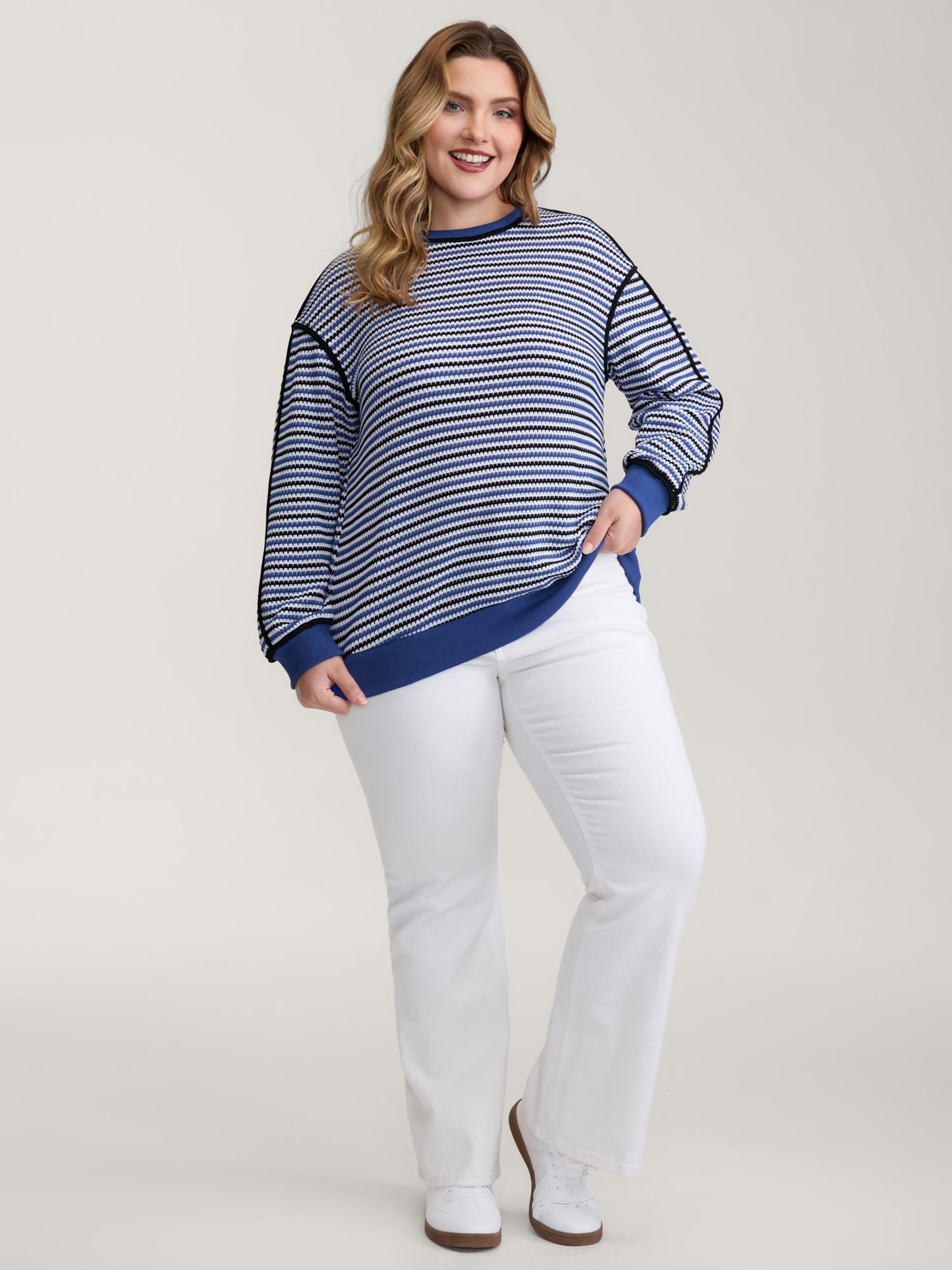 Stripe Print Contrast Edge Drop Shoulder Sweatshirt