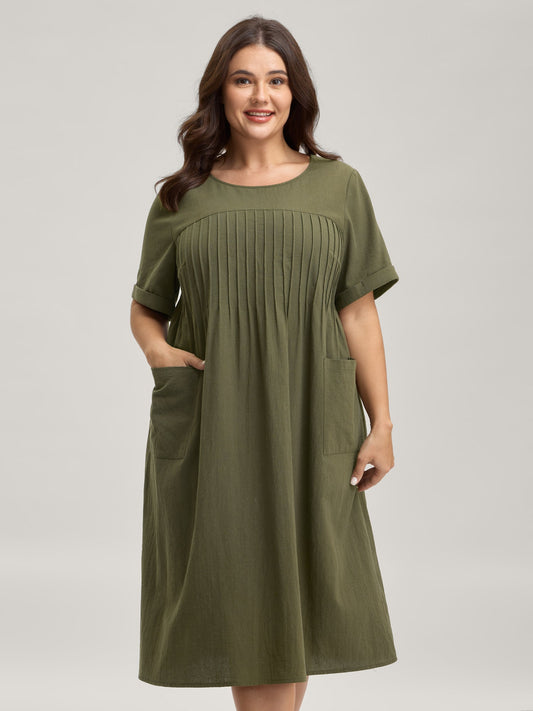 Pure Cotton Pin-Tuck Pleats Midi Dress