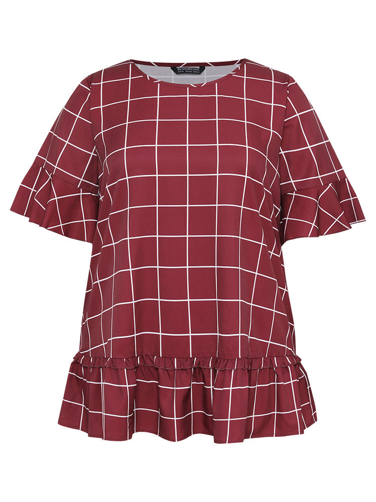 Plaid Frill Trim Bell Sleeve Flutter Hem Blouse
