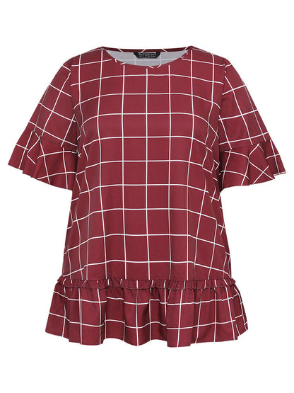 Plaid Frill Trim Bell Sleeve Flutter Hem Blouse