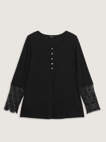 Lace Sleeve Button Placket T-Shirt