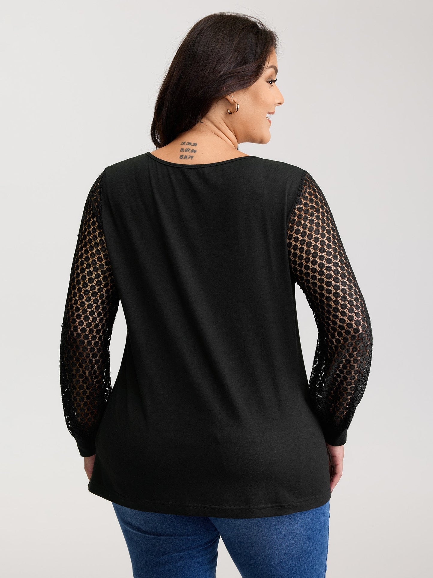 Crossover Draped Lace Sheer Sleeve Knit Top