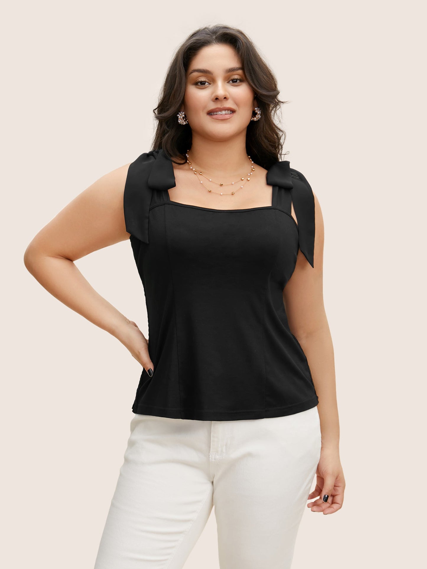 Plain Square Neck Tie Knot Tank Top