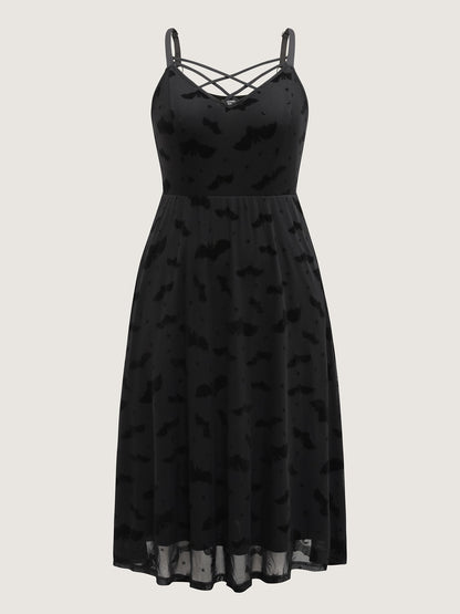 Bat Chilling Print Stretchy Waist Midi Dress