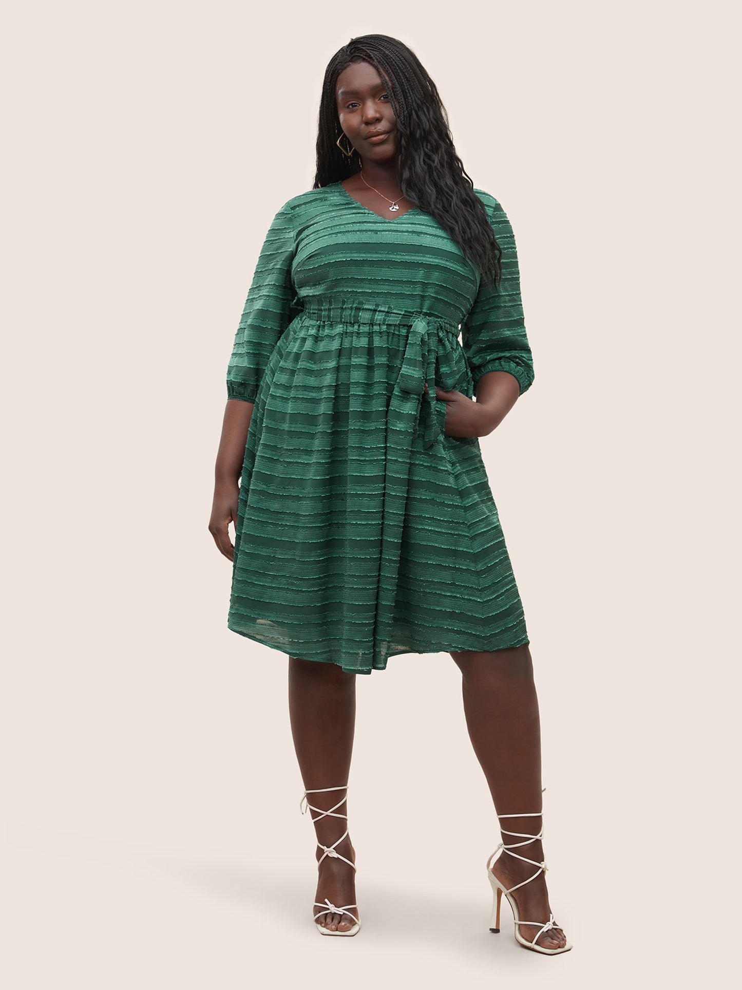 Striped Plisse Ties Pocket Lantern Sleeve Dress