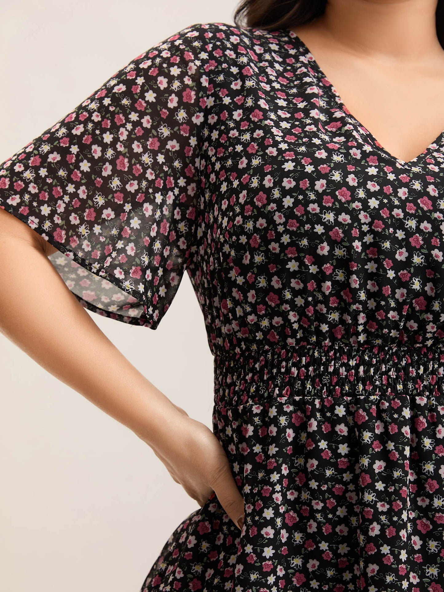 Floral Print Shirred Waist Cinched Shirt