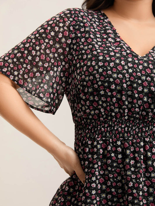 Floral Print Shirred Waist Cinched Shirt