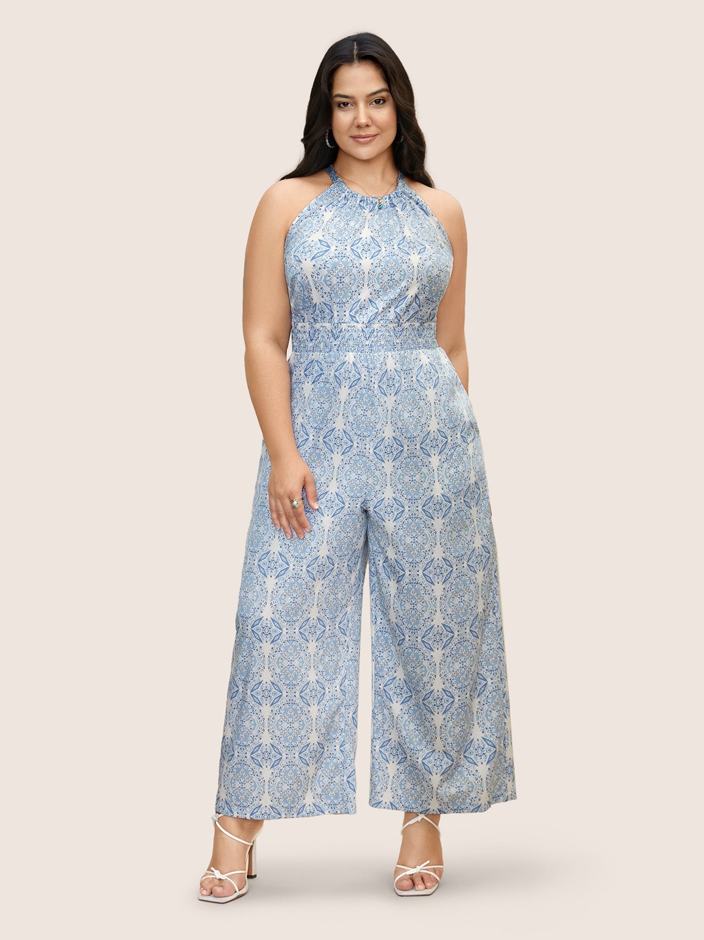 Halter Boho Print Shirred Gathered Jumpsuit