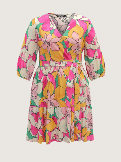 Colorful Floral Print Belted Pockets Midi Dress