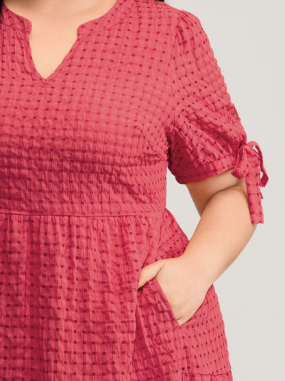 Check Textured Knot Sleeve Knee-Length Dress