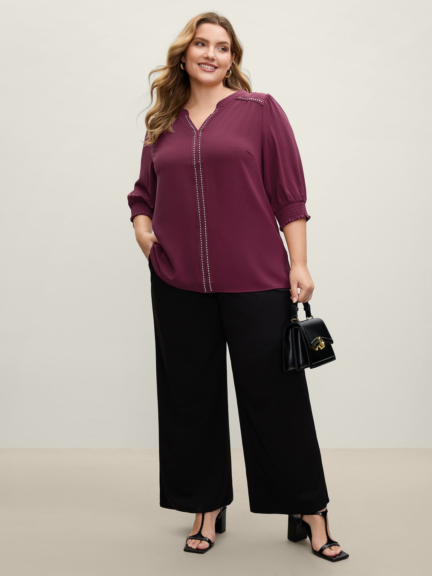 Shirred Cuffs Contrast Metallic Detail Blouse