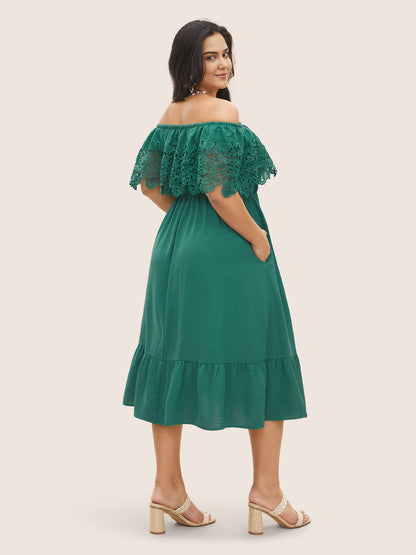 Guipure Lace Off Shoulder Flutter Hem Dress
