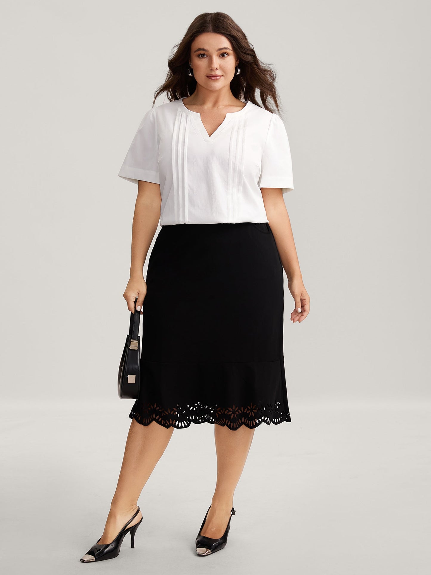 Toothpick Pleats Notched Collar Solid Blouse