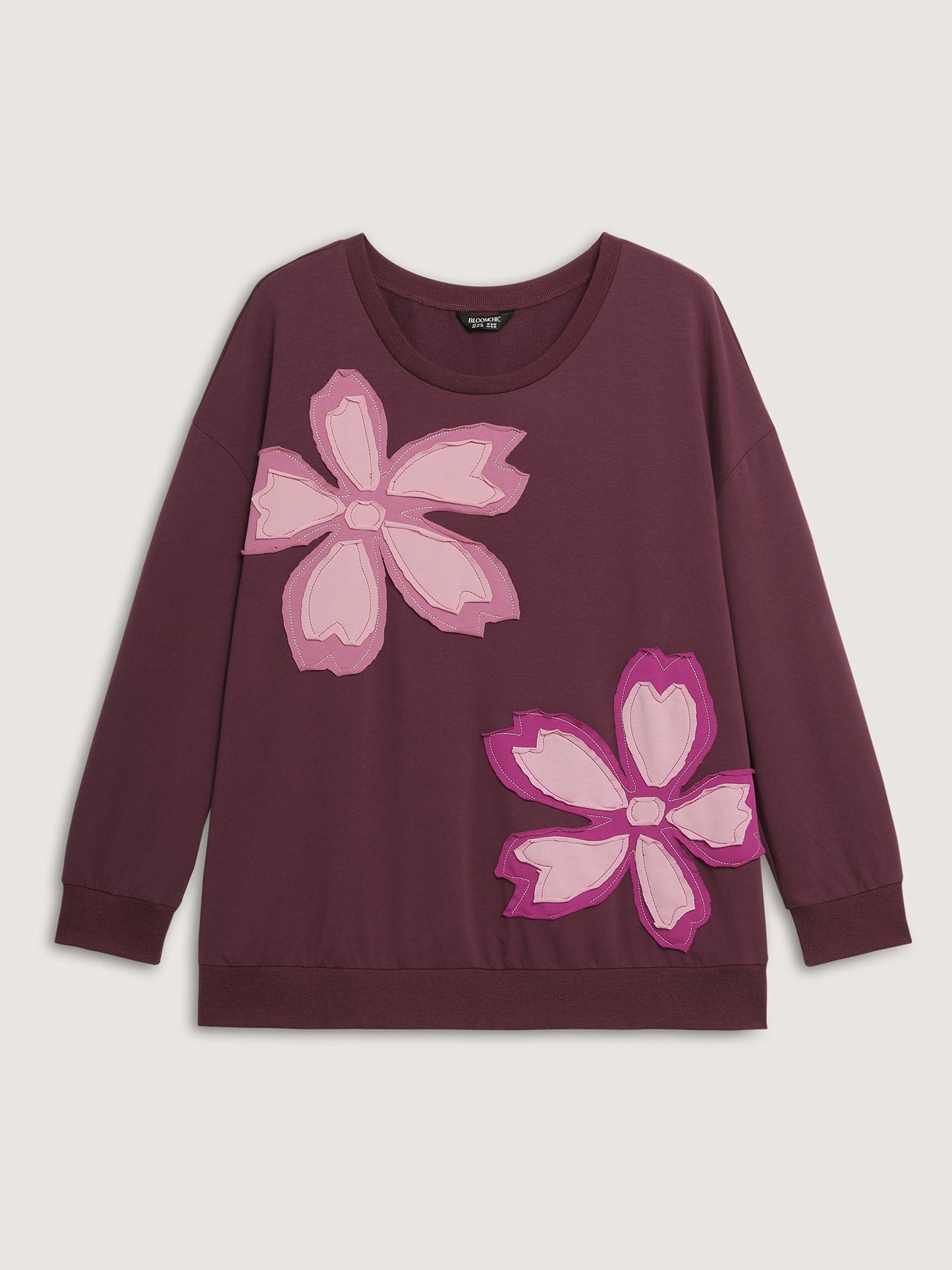 Floral Applique Embroidered Round Neck Sweatshirt