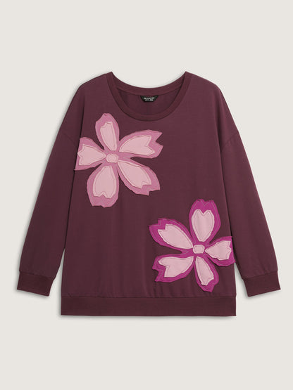 Floral Applique Embroidered Round Neck Sweatshirt