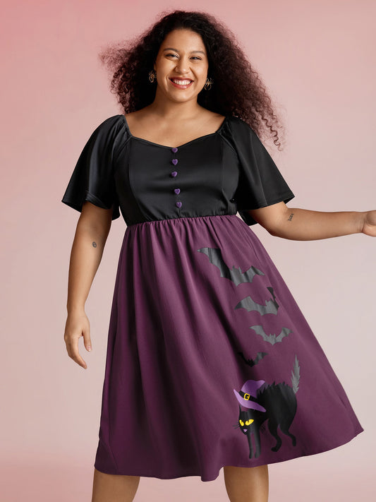 Wicked Halloween Print Contrast Button Midi Dress