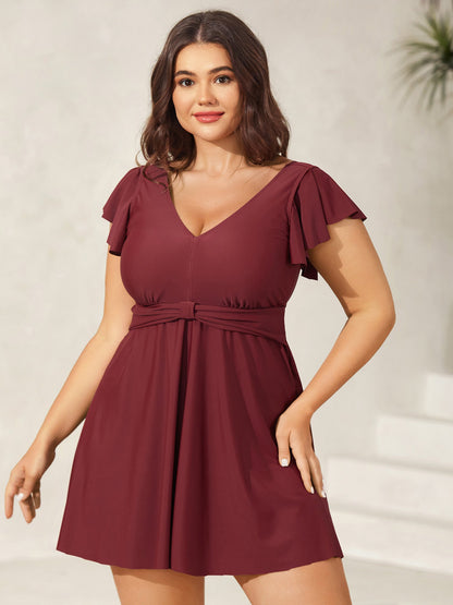 Pleated Waist Flutter Sleeve Swim Dress