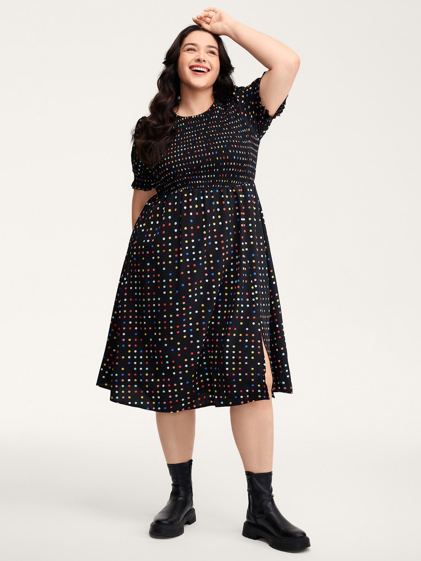 Colorful Polka Dots Shirred Bodice Midi Dress