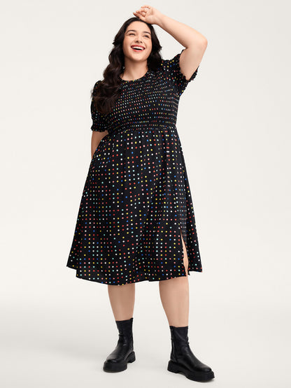 Colorful Polka Dots Shirred Bodice Midi Dress