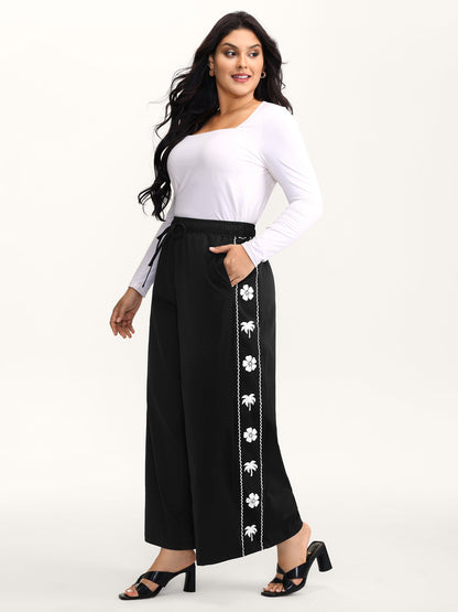 Floral Side Drawstring Wide-Leg Pants