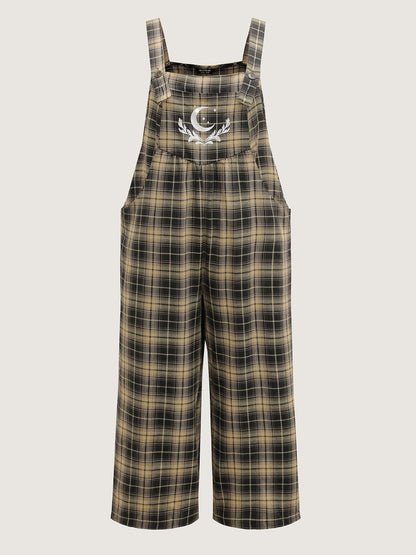 Plaid Print Moon Motif Pockets Jumpsuit