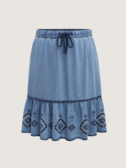 Boho Embroidery Ruffled Hem Denim Skirt