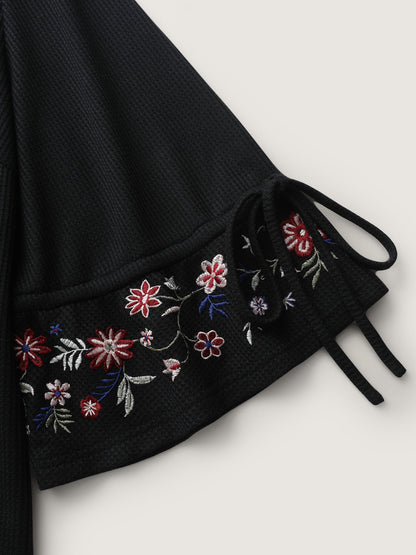 Floral Sleeve Embroidery Drawstring Knit Top