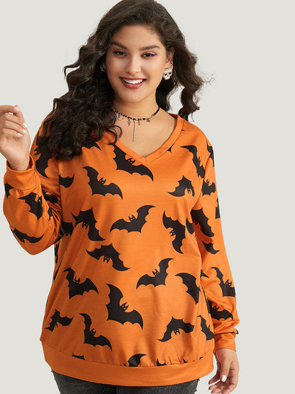 Halloween Bat Print V Neck Sweatshirt